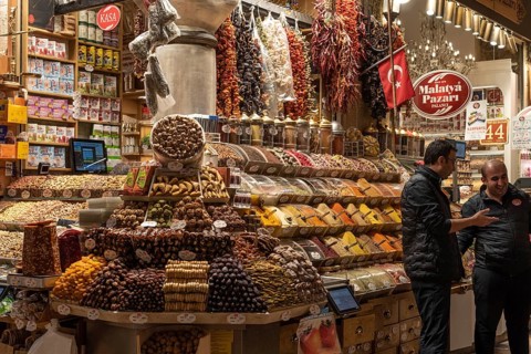 Istanbul, Turkey 8th January 2025 Dried fruit and spice for sale inside the Istanbul Spice Bazaar