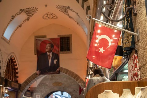 Istanbul, Turkey 8th January 2025 The Turkish flag and portrait of Mustafa Kemal Ataturk displayed