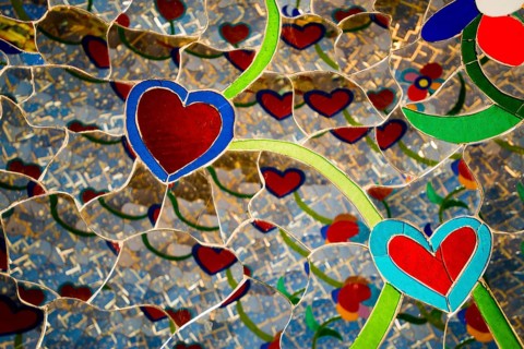 Colourful hearts made of glass and mirrors, Giardino dei Tarot, by Niki de Saint Phalle, near