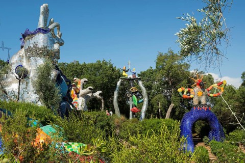 Colourful sculptures made of glass and mirrors, Giardino dei Tarocchi, Garden of Tarot, by Niki de