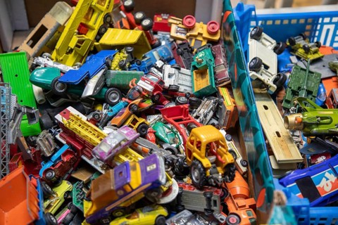 Jumble of vintage die-cast toy cars, including classic Matchbox and Corgi models, UK