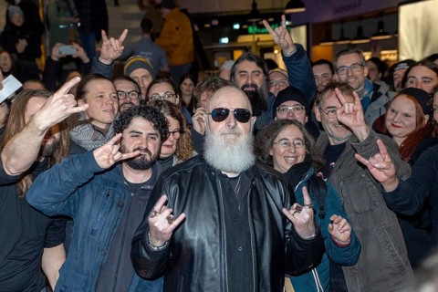 Rob Halford and fans at the premiere of the film The Ballad of Judas Priest in Berlin's Uber Eats