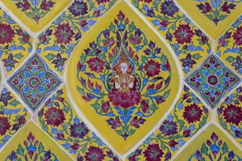 Coloured Bencharong ceramic tiles, depiction of Thai angels (devas) in diamond-shaped frames,