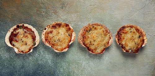 Scallop shells, stuffed, baked with cheese, in the oven, julienne with scallops