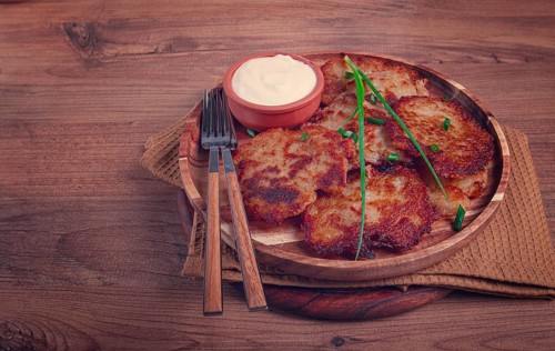 Potato pancakes, pancakes with sour cream, Belarusian dish, homemade, no people