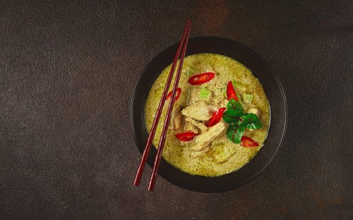 Green curry with chicken, traditional Thai cuisine, Asian food, homemade, no people