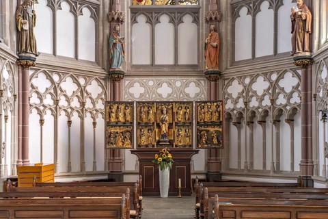 Interior and altar of the Roman Catholic parish church of St. Lamberti in Gladbeck, Ruhr area,