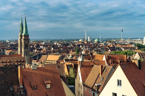 View over the rooftops of the old town and St. Sebaldus Church in Nuremberg, Bavaria, Germany