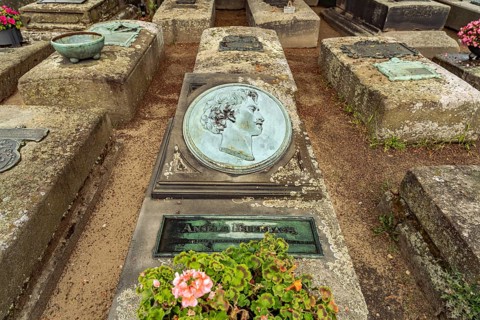 Grave of painter Anselm Feuerbach at the medieval St. John's Cemetery and St. John's Church in
