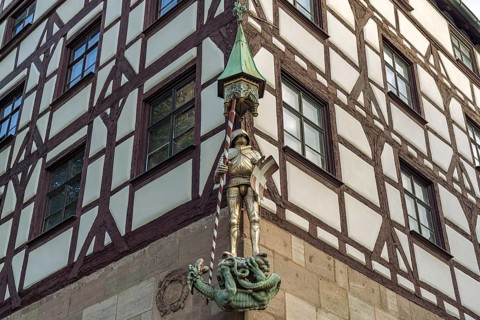 Statue of Saint George at Pilate's House in Nuremberg, Bavaria, Germany