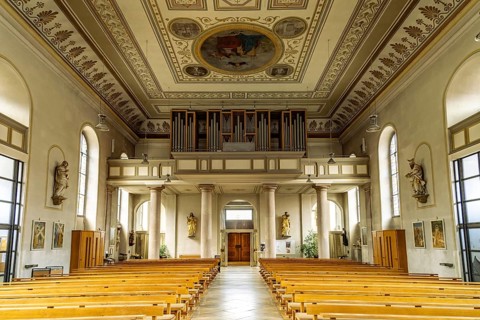 Interior and organ of the Catholic Church of Our Lady in Fürth, Middle Franconia, Bavaria, Germany