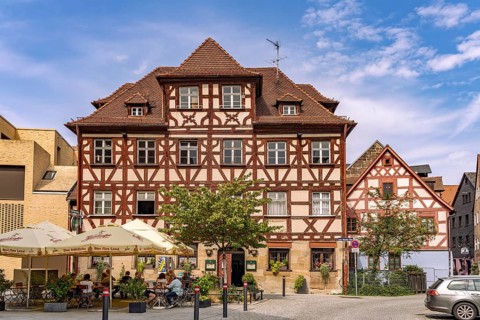 Half-timbered house with restaurant in Fürth, Middle Franconia, Bavaria, Germany