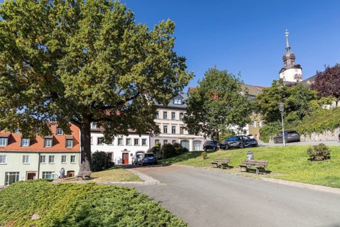 Houses on Altmarkt, St. Christophori church in the background, Hohenstein-Ernstthal, Saxony,