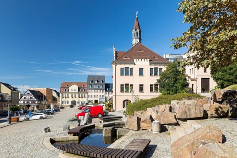 Mining fountain and town hall on the old market in Hohenstein-Ernstthal, Saxony, Germany