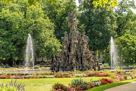 The Huguenot fountain in the castle garden in Erlangen, Middle Franconia, Bavaria, Germany
