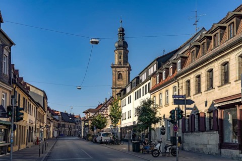 Hauptstraße and Old Town Church in Erlangen, Middle Franconia, Bavaria, Germany