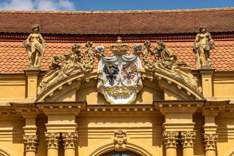 Coat of arms on the orangery in the castle garden in Erlangen, Middle Franconia, Bavaria, Germany