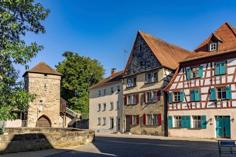 Half-timbered house und Stadttor Saltorturm in the old town of Forchheim, Upper Franconia, Bavaria,