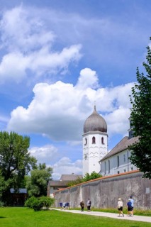 Kloster, Frauenwörth, with church tower, Campanile, Fraueninsel, Chiemsee, Chiemgau, Upper Bavaria,