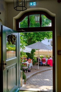 Beer garden, Gasthaus zur Lime tree, Fraueninsel, Chiemsee, Chiemgau, Upper Bavaria, Bavaria,