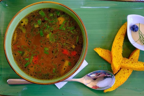Fischsuppe, Food, Gasthaus zur Lime tree, Fraueninsel, Chiemsee, Chiemgau, Upper Bavaria, Bavaria,