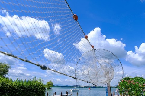 Fischernetz, Fraueninsel, Chiemsee, Chiemgau, Upper Bavaria, Bavaria, Germany