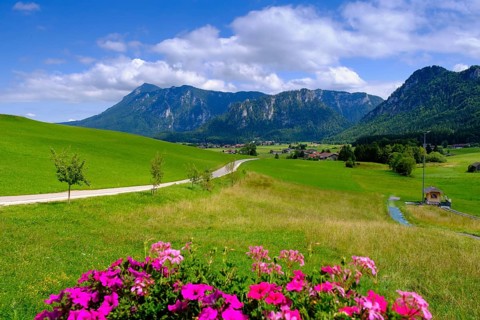 View from the Kesselalm near Inzell, to Hinterstaufen, Chiemgau, Upper Bavaria, Bavaria, Germany