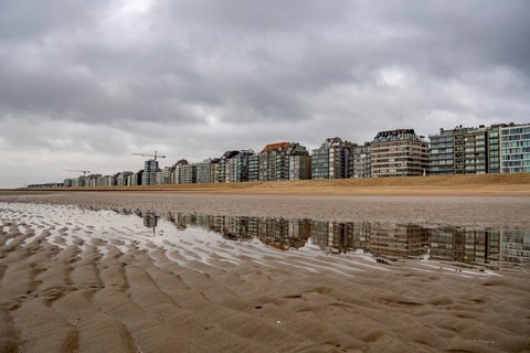 The skyline of Knokke-Heist, on the North Sea beach, dreary winter day, mostly apartment buildings