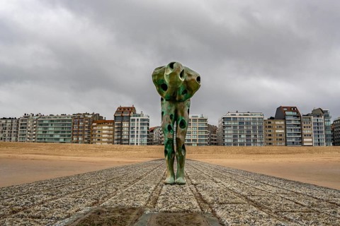 Art on the North Sea beach, in Knokke-Heist, Tomorrow Man by Cathérine François, is washed over by