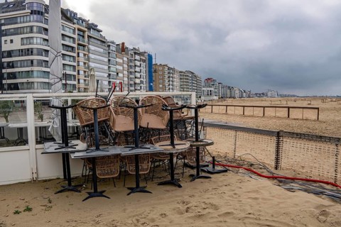 Winter break, closed terraces of catering establishments on Zeedijk-Knokke, beach promenade in