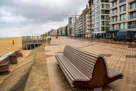 Zeedijk-Knokke, beach promenade in Knokke-Heist, on the North Sea beach, dreary winter day, mostly