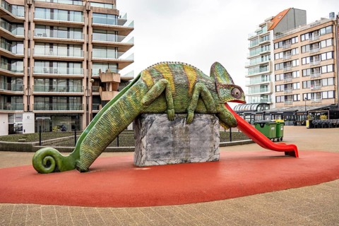Art in Knokke-Heist, chameleon, tongue as a slide, by Jeremy Deller, part of the Beaufort