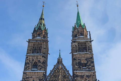 Towers of the Gothic Church of St. Lorenz, Nuremberg, Middle Franconia, Bavaria, Germany