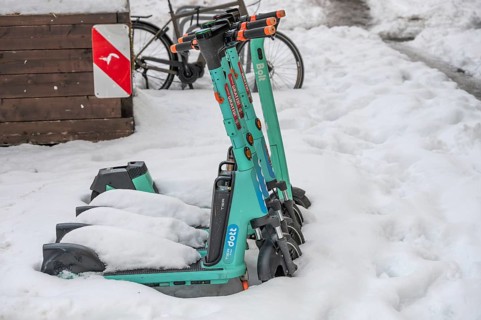 Parked, snow-covered scooters, Nuremberg, Middle Franconia, Bavaria, Germany