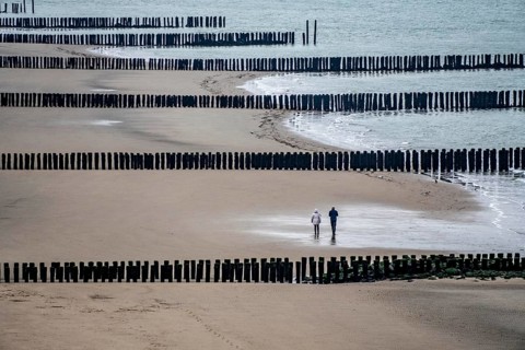 Coastal protection, through wooden posts, paalhoofden, on the beach, breakwater, the piles, some of