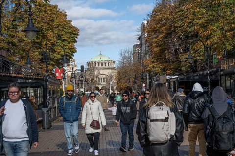 Sofia, Bulgaria. November 23rd 2025. The popular Vitosha Street in the center of Sofia busy with