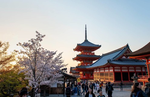 Sanjunoto Pagoda and Kyodo Hall in the evening light, blooming cherry tree, Kiyomizu-dera temple,