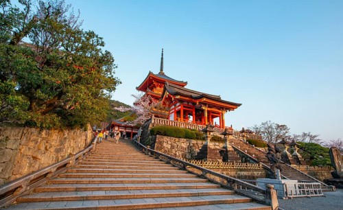 Stairs to Nishimon Gate and Sanjunoto Pagoda, Kiyomizu-dera Temple, in the evening light, Buddhist