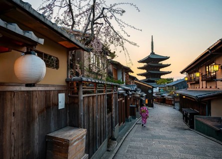 Japanese woman in kimono in an alley, Yasaka dori historic alleyway in the old town with