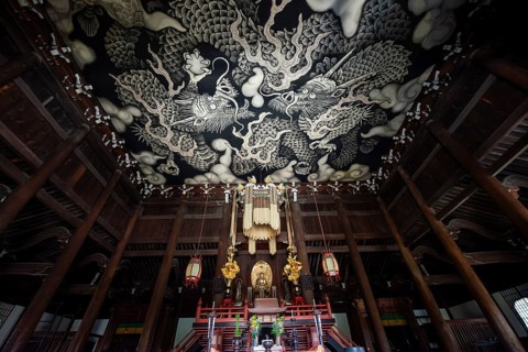 Interior view of Hodo Hall in Kennin-ji Buddhist Temple, Twin Dragon ceiling painting by artist