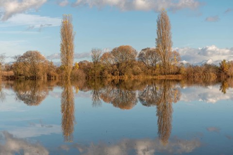 The river flows flat and reflects clouds and mountains under a clear sky. Autumn trees draw the