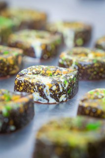 Close-up of a chocolate with a lively, colorful design, vegan chocolates production, Haselstaller