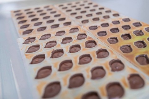 Close-up of chocolate molds with liquid chocolate on a table, vegan chocolates production,