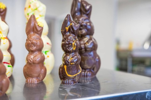 Various chocolate bunnies in dark brown and beige with Easter decoration, Easter production of