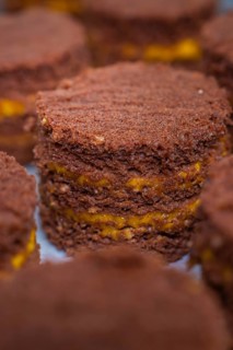 Close-up of chocolate cake with yellow layers, vegan cake production, Haselstaller Hof, Gechingen,