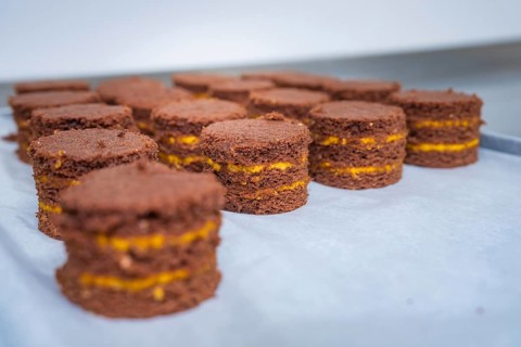 Set of chocolate cakes with yellow layers on baking tray, vegan tarts production, Haselstaller Hof,