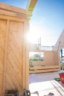 Sunlight floods the construction site's timber structure with visible scaffolding, Timber House