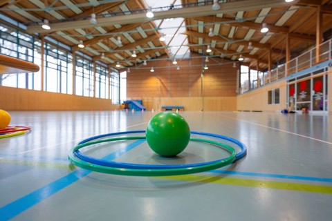 Green ball and tires in a spacious and modern gym, Schlehengäu Sporthalle Gechingen, Calw district,