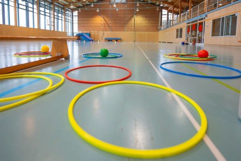 Various tires and balls on the floor of a light-flooded gym, Schlehengäu Sporthalle Gechingen, Calw