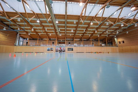 Empty sports hall with floor lines, wooden structure and several basketball hoops, Schlehengäu